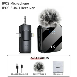 3in1 Microphone for iPhone/Android, Wireless, 328ft Transmission, Mini Microphone for phone